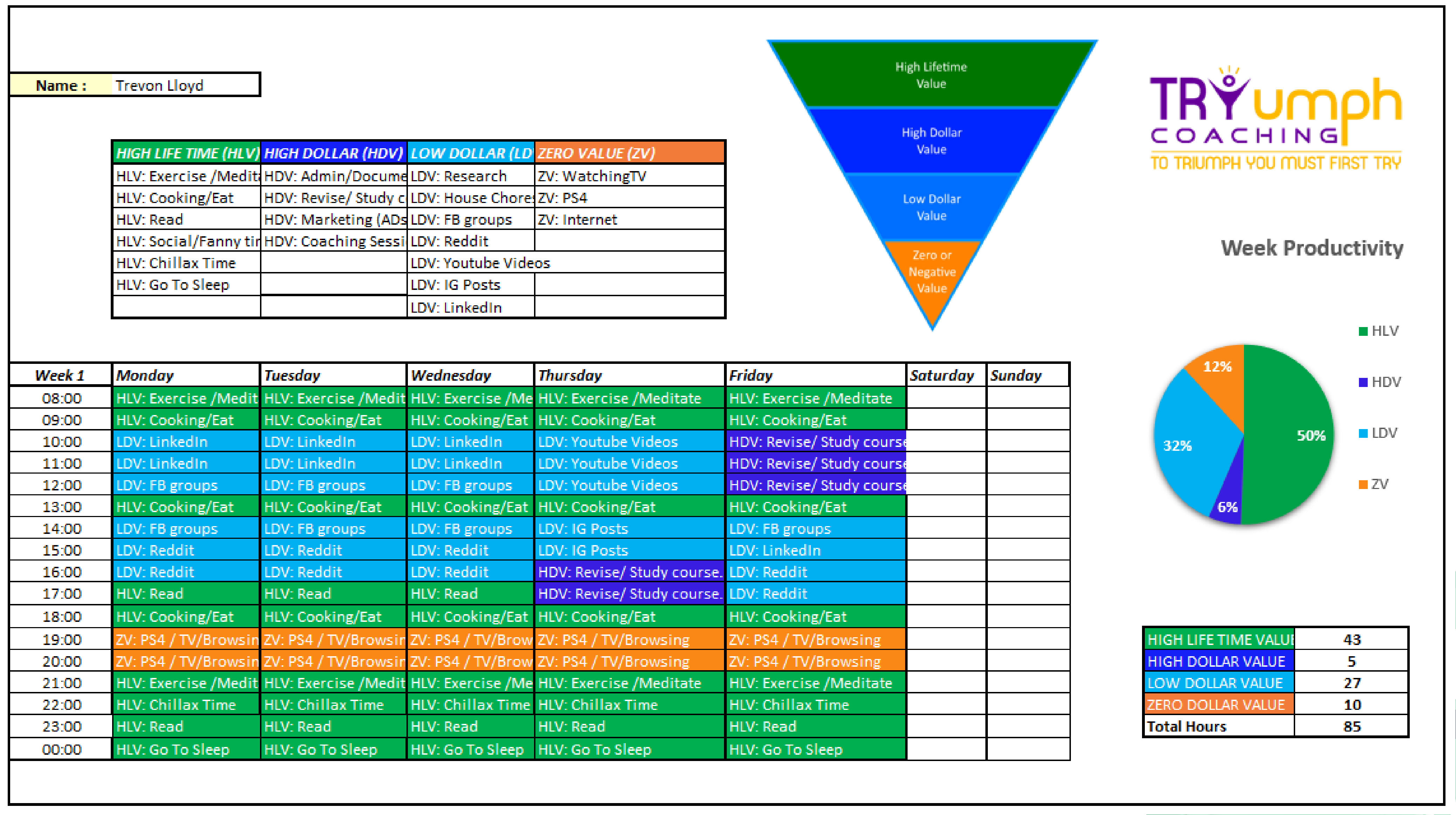 screenshot of original excel Productivity Planner tool